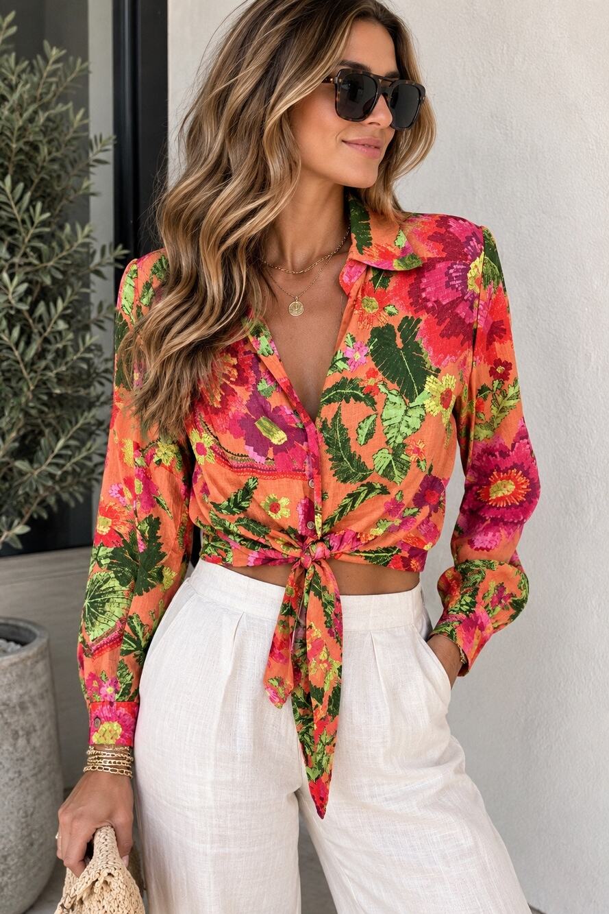 Cynthia Rowley Ombre Floral Long Sleeve Tie Hem Button-Up Blouse Orange Pink XS